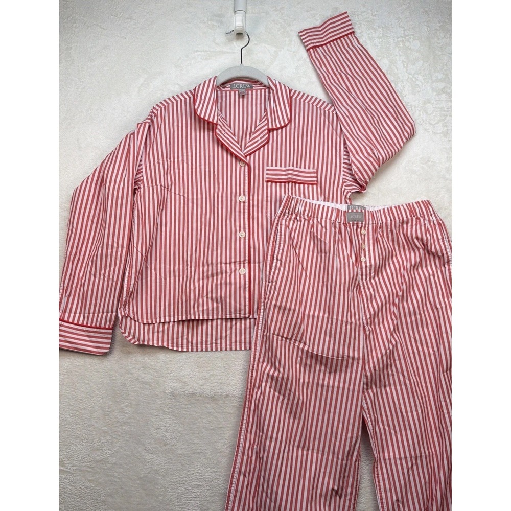 J.Crew‎ Striped Pajama Set Womens XXS Red White Cotton Button Up Lounge Set